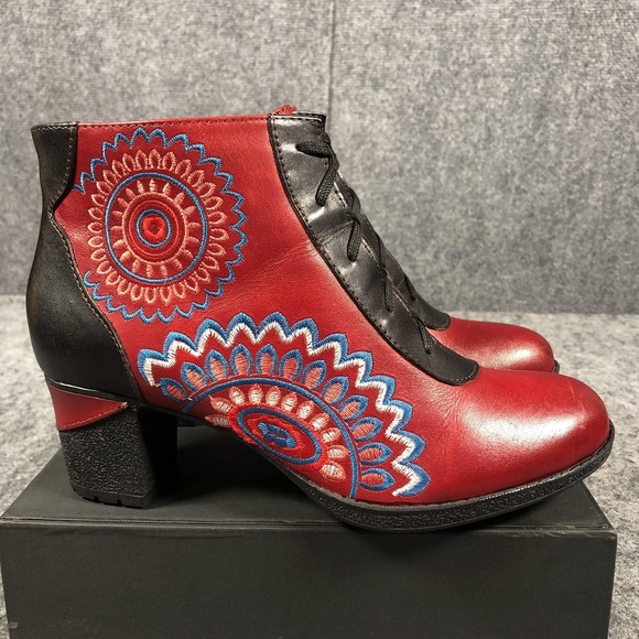 L'Artiste Spring Step Ankle Booties Women's 9 Red Leather Embroidered Boho - Picture 8 of 16